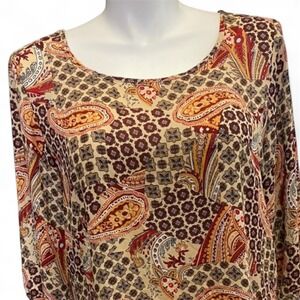 Vintage Jody of California Paisley Print‎ Blouse  3/4 Sleeve  Beige Brown